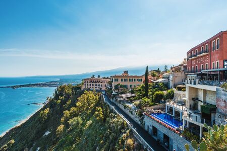 Aerial view and cityscape of Taormina, Sicily, Italyのeditorial素材