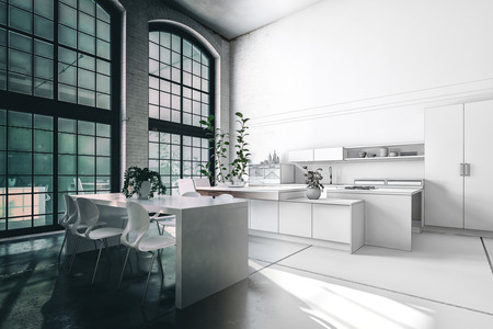 Split toned image of a modern kitchen interior in a loft conversion giving the impression of evening...