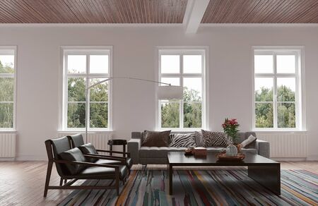 Scandinavian style living room interior with couch in a cottage. 3d Rendering.