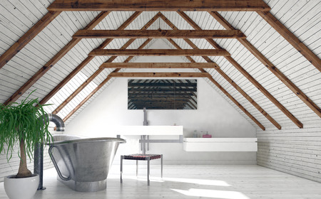 Modern monochromatic white loft bathroom in a converted attic with a stylish boat-shaped tub and wall-mounted vanity below a mirror in the pitch of the roof. 3d renderingの写真素材
