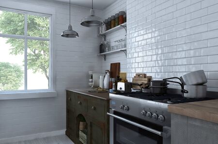 Small compact kitchen interior with stove and cabinets stacked with assorted pots, pans and...