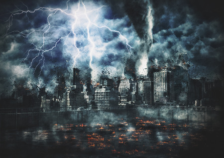 Disaster film poster concept with buildings of downtown Manhattan, New York city, being struck by huge lightnings in catastrophic, apocalyptic way, lava flames burning in foregroundの写真素材