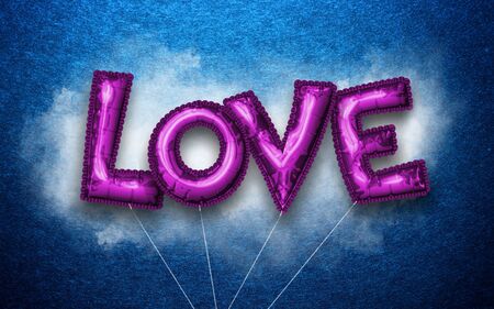 Four floating metallic purple letter balloons with strings attached spelling the word love isolated...