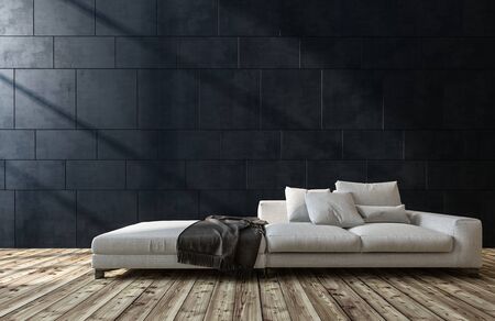 Large generic white sofa in a living room interior with wooden floor and dark grey brick walls with sunlight. 3d render.の写真素材