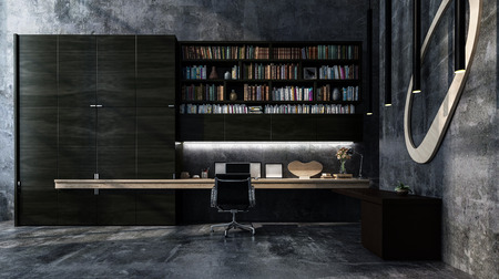 Monochromatic luxury grey modern office interior with long table style desk, chair and bookcase full of books. 3d render.の写真素材