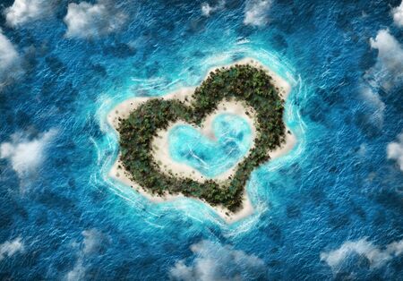 Aerial view of heart-shaped island with blue sea. 3d Rendering.の写真素材