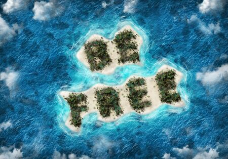 An aerial view of the words be free written in lush palm trees on a tropical sandy island surrounded...