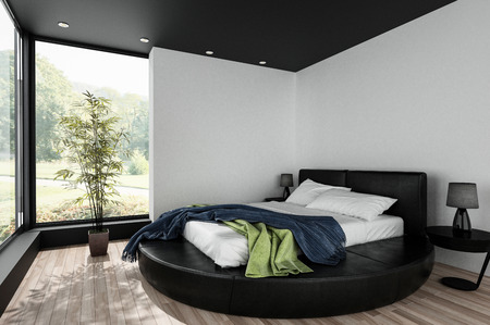 Minimalist spacious bright bedroom with round king size bedの写真素材