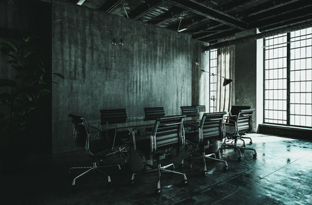 Dark modern industrial loft conversion interior with grungy streaked grey concrete wall, large floor to ceiling windows and a contemporary dining table and chairs, 3d renderの写真素材