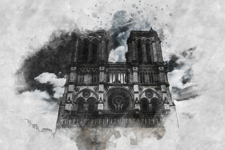 Pen and ink sketch with watercolor paint effect of the spires and front facade of Notre Dame cathedral, Paris on textured card or paperの写真素材