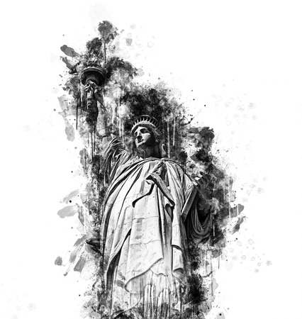Black and white sketch of the Statue of Liberty with ink smudges and splatters on textured white card with copy spaceの写真素材