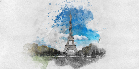 Watercolor painting with pencil sketch of the Eiffel Tower, Paris with textured brushstrokes showing the Champ de Mars view in a tourism conceptの写真素材
