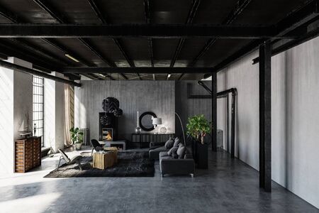 Spacious furnished room in loft style modern apartment with large windowsの写真素材