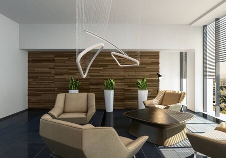 Stylish contemporary living room interior with light leather furniture , feature wood effect wall...