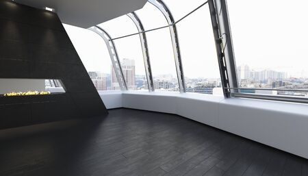 Unfurnished modern room with wooden floor and view of city through large windows. 3d Rendering.の写真素材