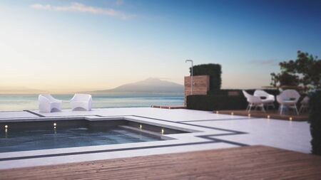 Swimming pool with deckchairs against sea on sunny day. 3d Rendering.の写真素材
