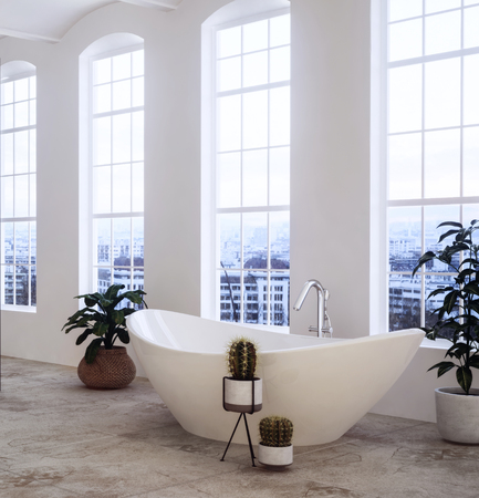 Contemporary oval ceramic bathtub and houseplants in a spacious airy loft conversion bathroom with tall windows overlooking a cityscape. 3d renderingの写真素材