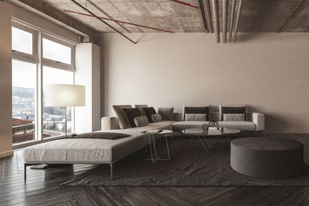 Modern loft living room interior with concrete wall. 3d Renderingの写真素材