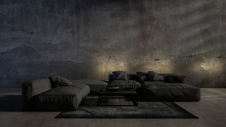 Dark gloomy modern trendy luxury living room interior in monochromatic grey with soft ambient lighting from up lights and large comfortable lounge furniture. 3d renderingの写真素材