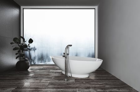 Modern boat-shaped bathtub in a bathroom corner in front of a large view window overlooking a cold misty winter landscape. 3d renderingの写真素材
