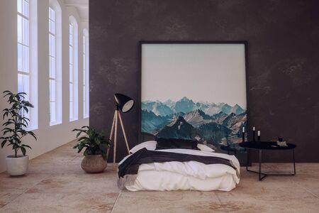 Modern trendy bedroom with mountain artwork above a messy divan style bed against a black feature wall lit by daylight from large windows. 3d renderingの写真素材