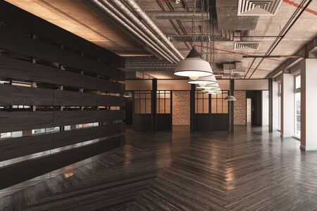Large empty showroom or commercial space with a row of ceiling lights and patterned floor with wooden divider wall. 3d renderの写真素材