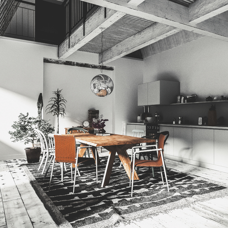 Modern luxury open plan kitchen dining area with built in cabinets and appliances in monochromatic grey decor with a wooden table and chairs. 3d renderingの写真素材