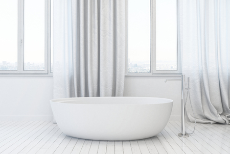 3d white mockup of a stylish modern bathroom interior with elegant freestanding bathtub and flowing fabric drapes on tall windows over a hardwood floorの写真素材