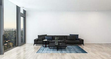 Modern living room with black sofa near high window and white wall in minimalist interior design. 3d Rendering.の写真素材