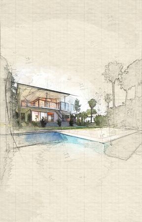 Exterior of Luxury Home - Rear View from Back Yard Showing In-Ground Swimming Pool, Palm Trees, and Two Storey House with Glass Balconiesの写真素材