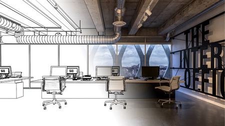 Office interior concept 3D model with half of image in black and white sketch. Loft room with armchairs on wheels and desktop computers on wide deskの写真素材