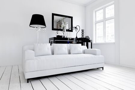 White sofa in stylish modern living room with wooden floor and mirror in background. 3d renderingの写真素材