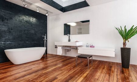 Spacious luxury modern bathroom interior with black and white decor, hardwood floor, skylight and large potted plant in a corner angle view. 3d renderingの写真素材