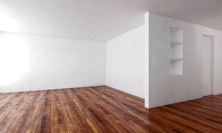 Large empty L-shaped room with wooden floor, white walls and a recessed alcove with shelves in daylight. 3d renderingの写真素材
