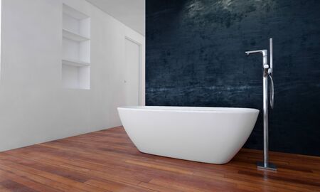 Bath tub in spacious modern bathroom with laminate wooden floor. 3d renderingの写真素材
