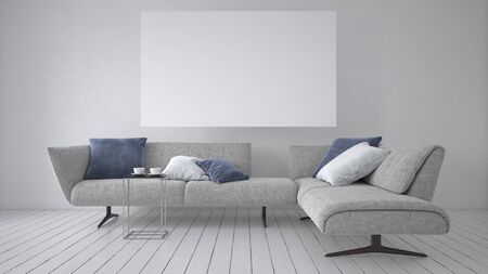 Stylish contemporary sofa with cushions below a blank white canvas mounted on the wall in a monochromatic room with grey decor. 3d renderingの写真素材