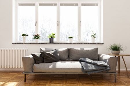 Metal framed brown sofa with cushions and throw rug below a bright window with potted plants on a hardwood parquet floor in a stylish living room interior. 3d renderingの写真素材