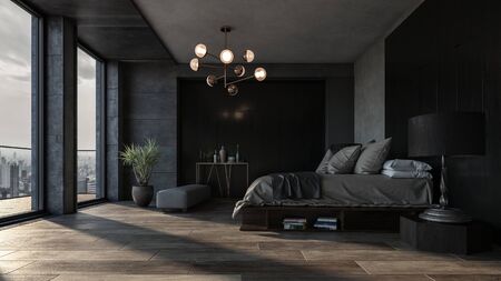 Bedroom with dark interior design and panoramic view of city downtown against king size bed. Luxury apartment or spacious hotel room interior conceptの写真素材