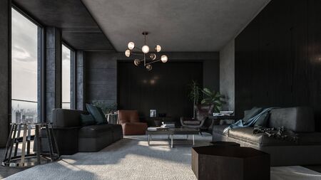 Spacious living room with dark interior design and panoramic view of city downtown. Various modern furniture and long white carpetの写真素材