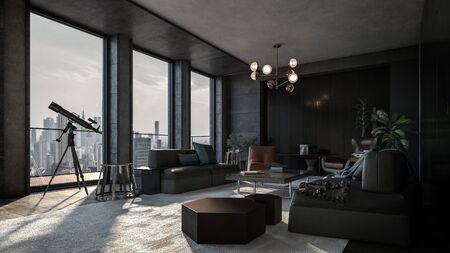Luxury apartment with the view of downtown and the telescope near panoramic windows. Room with modern interior in dark grey and black colors and various living room furnitureの写真素材