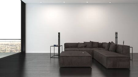 Large dark brown sofa with matching coffee table in a spacious living room facing floor to ceiling view windows in a minimalist luxury interior. 3d renderの写真素材