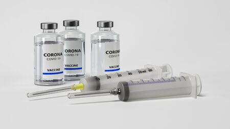 Vaccine and syringe injection. Prevention, immunization and treatment from corona virus infection (coronavirus disease 2019, COVID-19, nCoV 2019. Medicine infectious concept. 3d Rendering.の写真素材