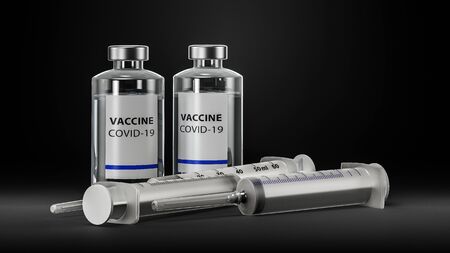 Vaccine and syringe injection. Prevention, immunization and treatment from corona virus infection (coronavirus disease 2019, COVID-19, nCoV 2019. Medicine infectious concept. 3d Rendering.の写真素材
