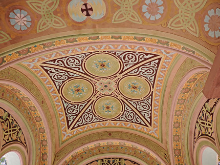 Old frescoes on the ceiling of the Orthodox Church.  Fresco painting.のeditorial素材