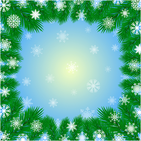 Christmas card frame from Christmas tree branches and snowflakes.のイラスト素材