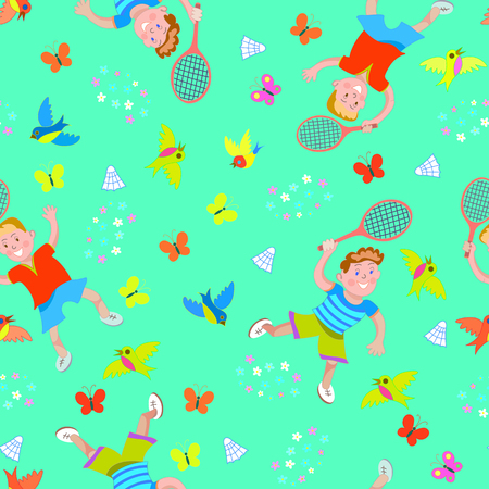 Seamless pattern children playing badminton.のイラスト素材