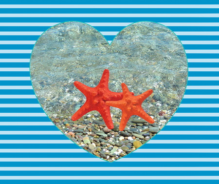 Summer sea background with starfish in heart on a striped blue background.の写真素材