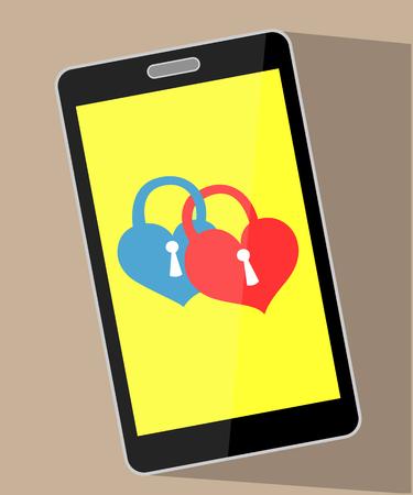 Two bonded hearts of a padlock on a mobile phone display conceptual imageのイラスト素材