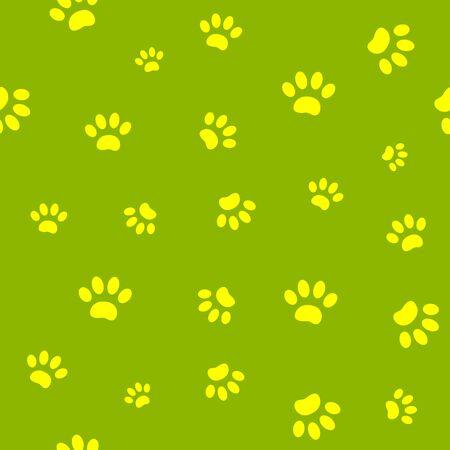 Seamless pattern of yellow paw prints on green background.のイラスト素材