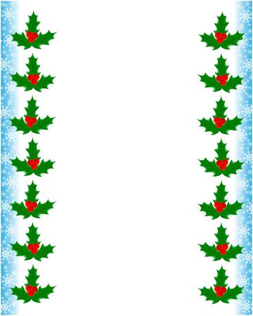 Christmas greeting decorative card frame template with Holly leaves and snowflakes with copy space for your text.のイラスト素材